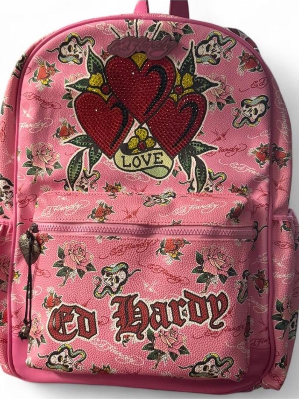 Ed Hardy Pink Backpack with Red Heart Trio and Rose Accents